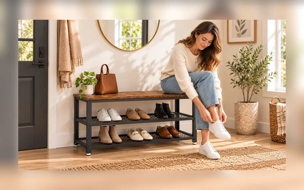 Schuhbank mit Stauraum und Sitzfläche im hellen Eingangsbereich