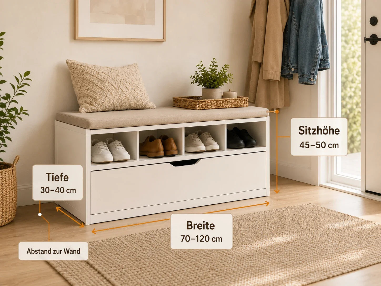 Kleine Schuhbank im schmalen Flur mit wichtigen Maßen für Breite, Tiefe und Sitzhöhe