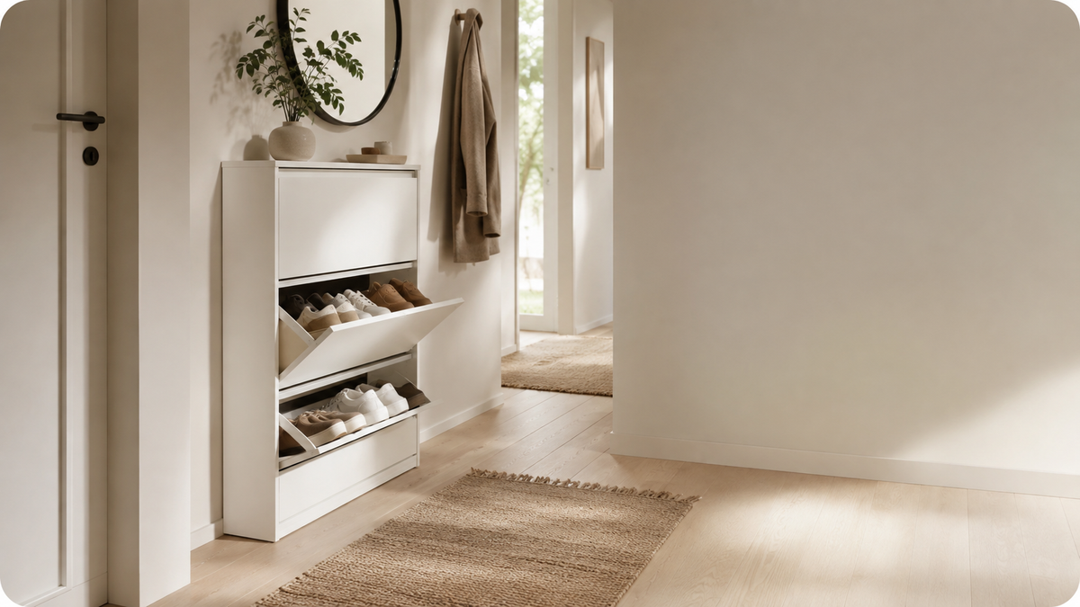 Schmaler Schuhschrank in einem kleinen hellen Flur