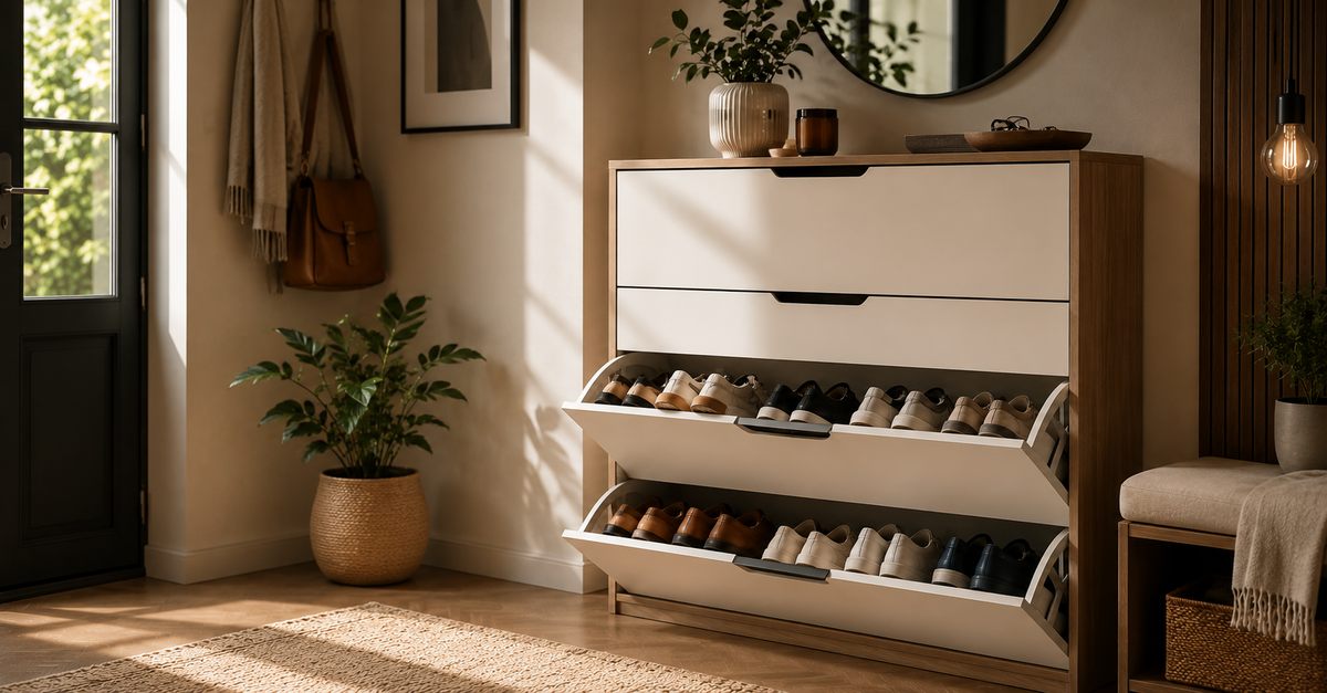 Schuhschränke und Schuhregale in einem modernen Eingangsbereich