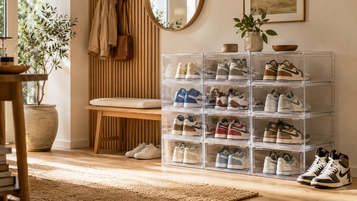 Transparente Schuhboxen mit Sneakern für eine ordentliche Aufbewahrung