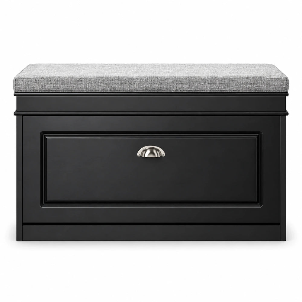 Schwarze Schuhbank mit Sitzkissen und Stauraum – 75 × 24 × 51 cm