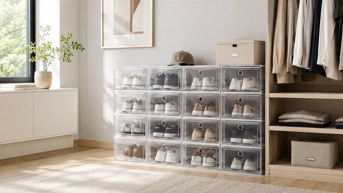 Transparente Schuhboxen mit Sneakern in einem hellen Ankleidebereich